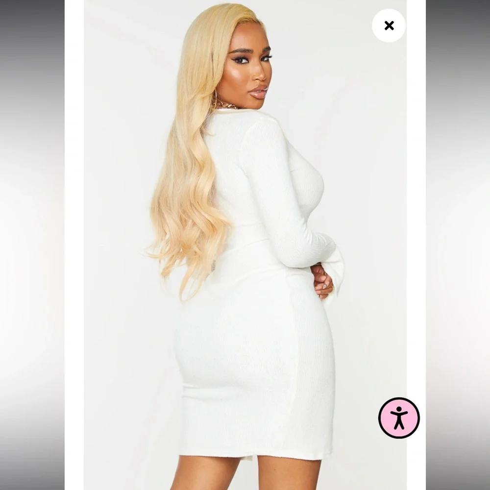 PrettyLittleThing Cream Brushed Rib Split Sleeve Mini Dress Size US4 NWT - Picture 5 of 12